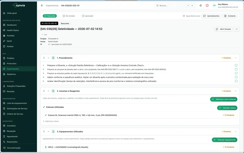 Caderno eletrônico ELN do LabCore com o registro de um experimento de laboratório